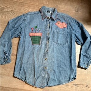 Denim Button Down Shirt with Embroidered Appliqué Bird Flower Accent 100% Cotton